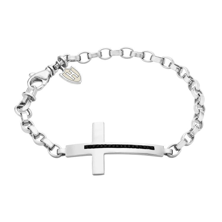 Hoxton London Men's Sterling Silver Stone Black CZ Cross Adjustable Bracelet