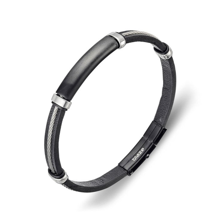 Blaze stainless steel 6mm wire and leather bracelet with engravable black IP plate