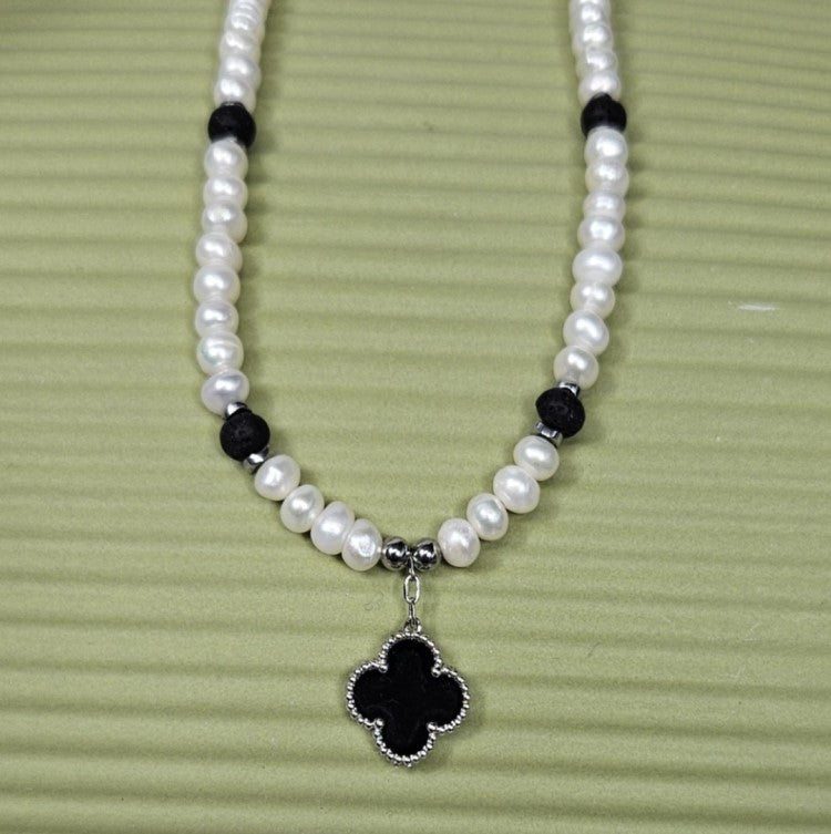 Baroque Freshwater Pearl Necklace with Onyx Clover Pendant