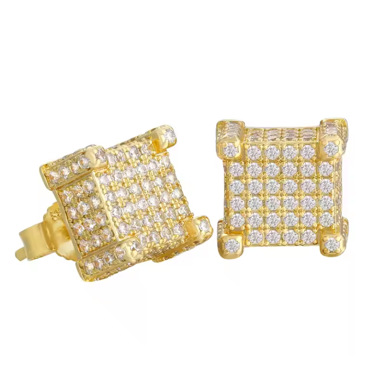 Men’s 14K Gold-Plated 925 Sterling Silver Square 3D Iced-Out Cube Earrings