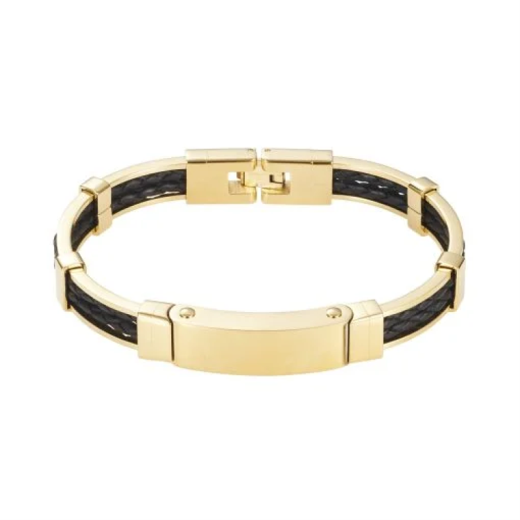 Ion Plated Polished 14k Gold & Stainless Steel Black Leather Bracelet