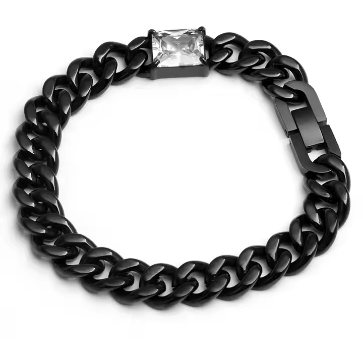 Black Stainless Steel Cuban Link Bracelet with Zircon Stone