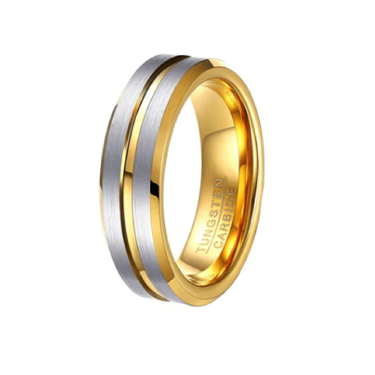 Theodore Silver Tungsten Carbide Ring with Yellow Gold Satin Finish