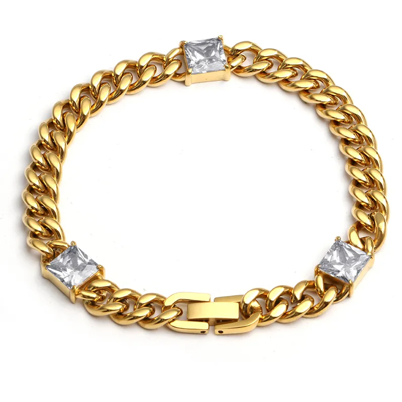 Gold-Plated Stainless Steel Cuban Link Bracelet with Zircon Stone