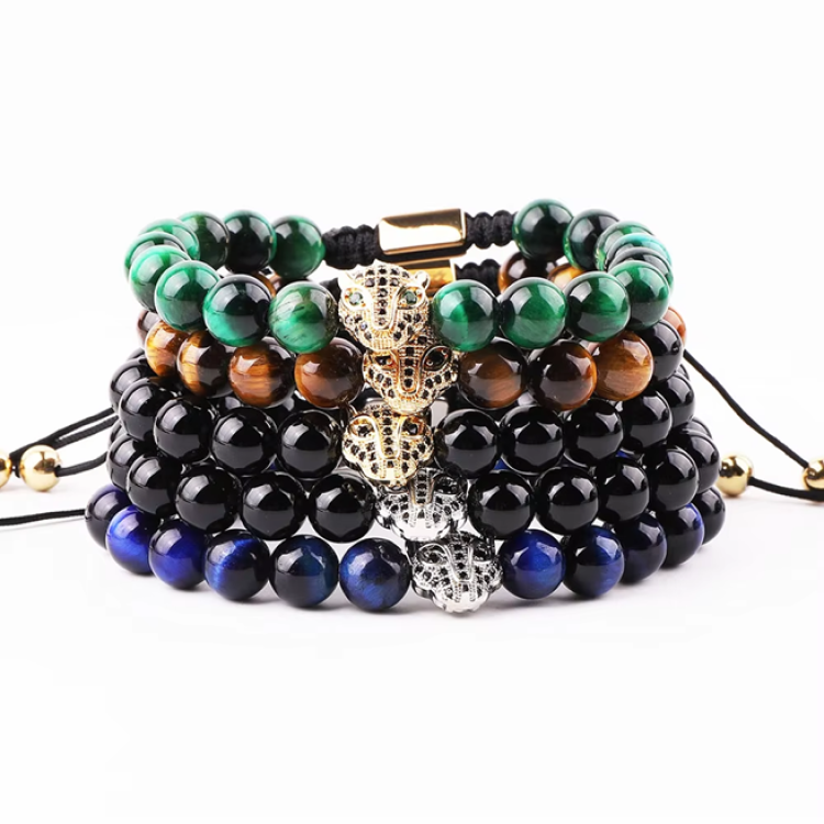 High Quality 8mm Natural Stone Beaded CZ Panther Charm Macrame Bracelet