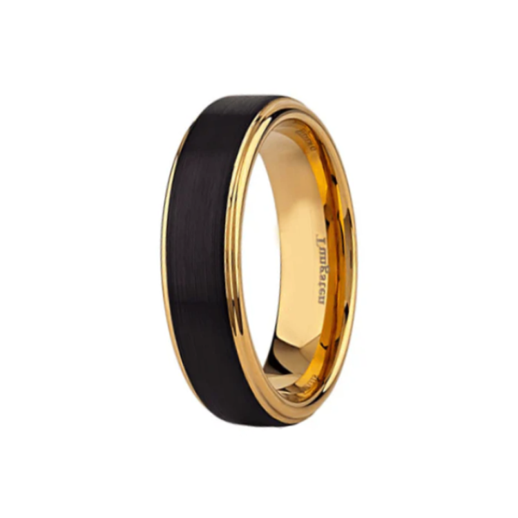 Tungsten Carbide Black & Yellow Gold Satin Finish Top with Polish Gold Edges Ring