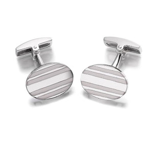 Hoxton London Men's Sterling Silver  White Agate  Stripe Oval Cufflinks