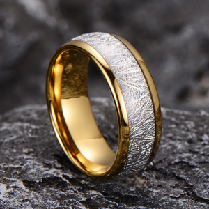 Elegant Tungsten Carbide Ring with Silver Leaf Meteorite Inlay