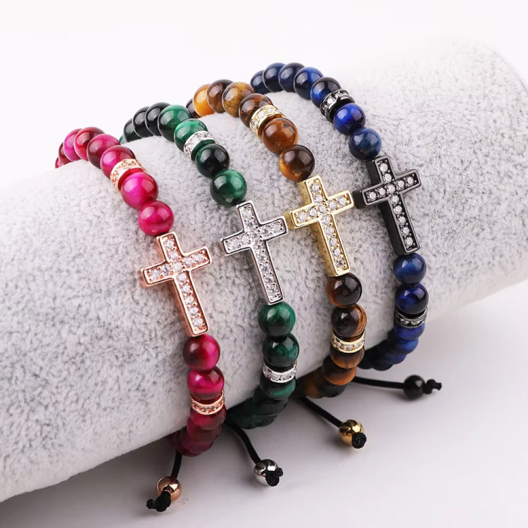 Natural 6mm Stone Beaded CZ Cross Charm Macrame Bracelet