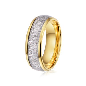 Elegant Tungsten Carbide Ring with Silver Leaf Meteorite Inlay