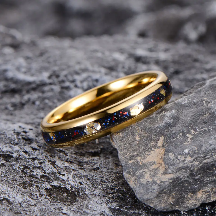 Exquisite Tungsten Carbide Ring with Gold Leaf Meteorite Inlay