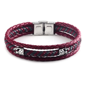 Stainless steel men's red and grey leather, multi bangle with silver helmet details