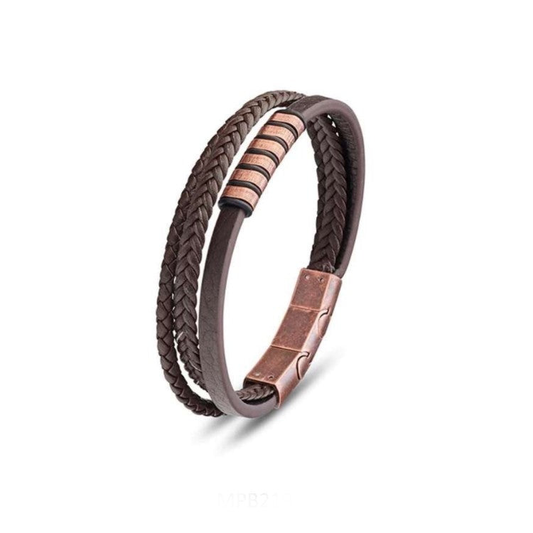 Stainless steel men's leather bangle with patina silver meatal beads Bracelet