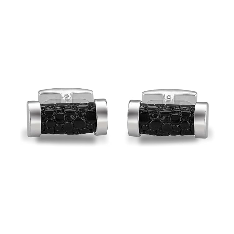 Hoxton London Men's Sterling Silver Black Leather Inlay Cylindrical Cufflinks