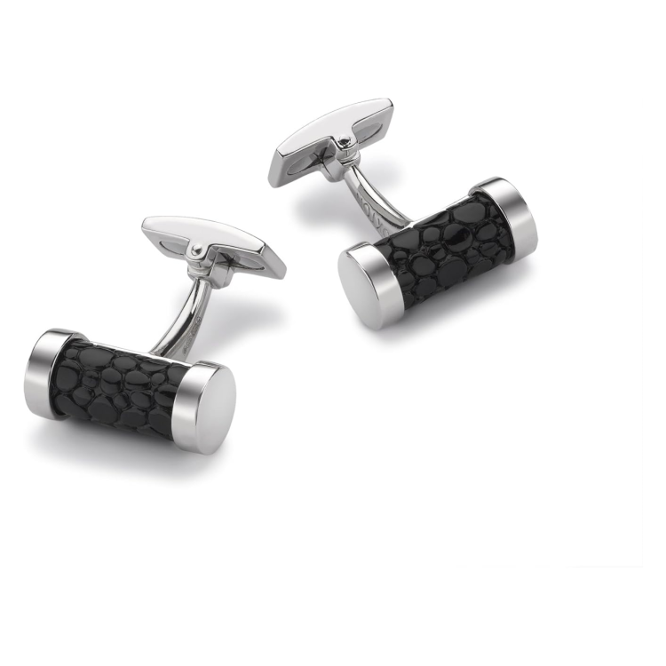 Hoxton London Men's Sterling Silver Black Leather Inlay Cylindrical Cufflinks