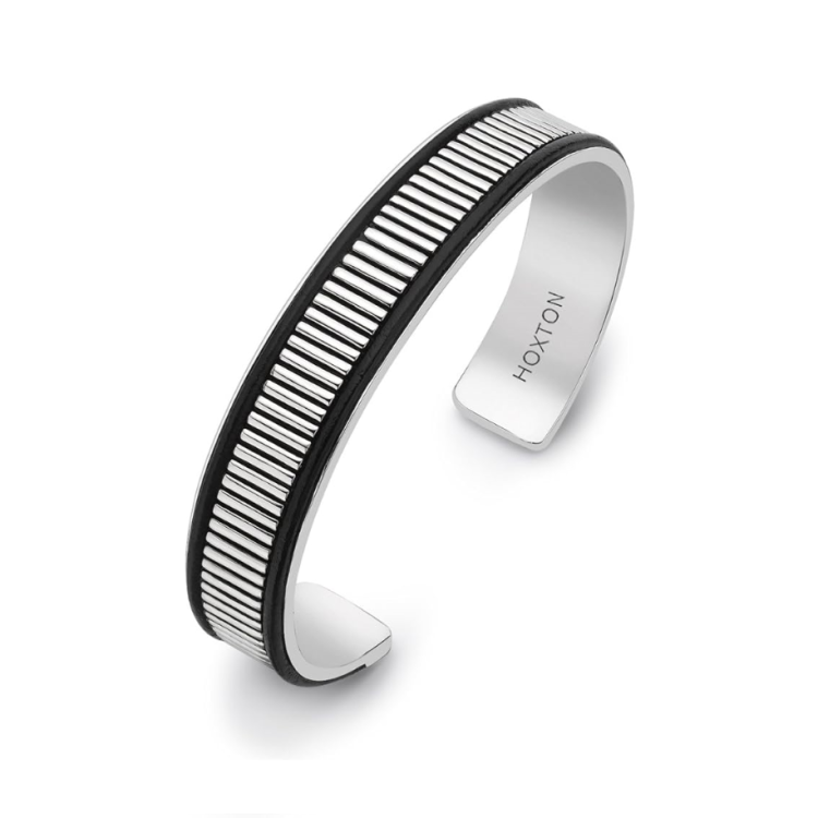 Hoxton London Men's 925 Sterling Silver Bold Leather Ribbed Cuff Bangle