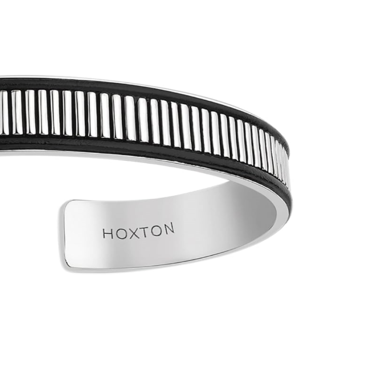 Hoxton London Men's 925 Sterling Silver Bold Leather Ribbed Cuff Bangle