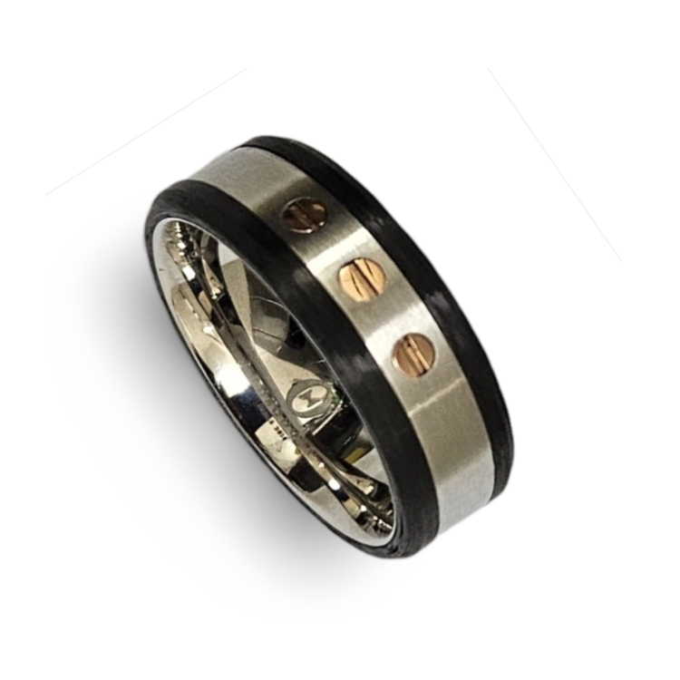 Sleek Carbon Fiber &amp; Stainless Steel Ring with Gold Accents