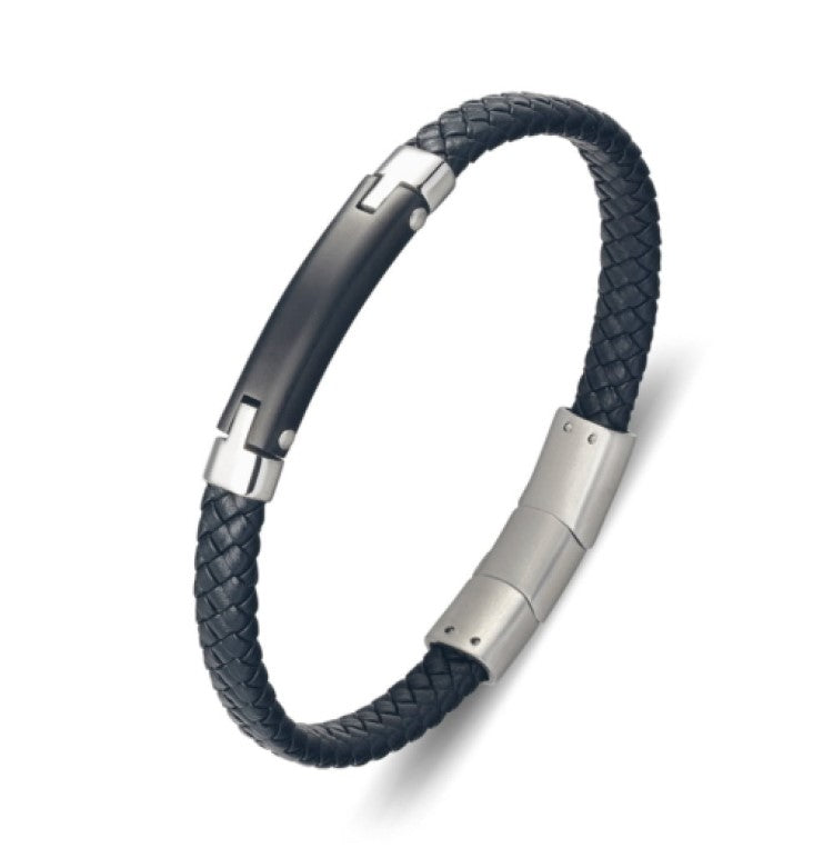 Black Leather Bangle with stainless steel ID plate