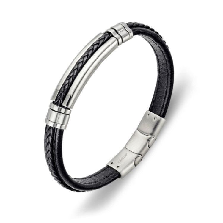 Blaze stainless steel 8mm black leather bracelet with steel detail