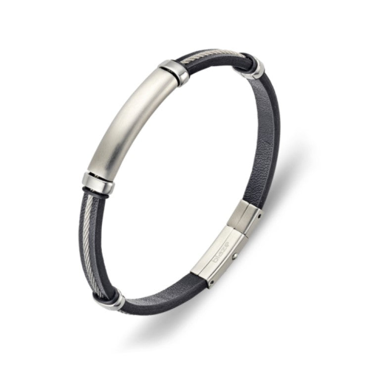 stainless steel 6mm wire and leather bracelet with engravable plate