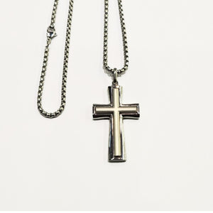 Stainless Steel Cross with Satin Inlay Pendant Necklace