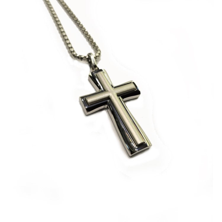 Stainless Steel Cross with Satin Inlay Pendant Necklace