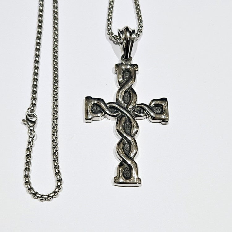 Large Stainless Steel Celtic Patern Black IP-Plated Cross Necklace