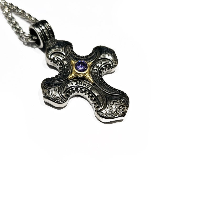 Stainless Steel Spanish Style with Amethyst Cross Necklace