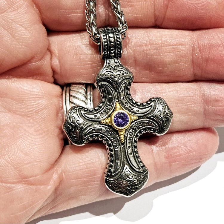 Stainless Steel Spanish Style with Amethyst Cross Necklace