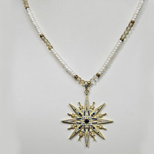 Citrine &amp; Freshwater Pearl Rondelle Necklace with Gold-Plated Snowflake Pendant