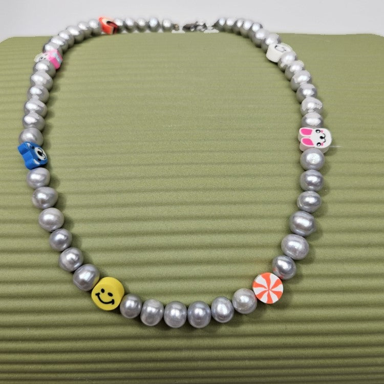 Gray Baroque Freshwater Pearl Necklace with Assorted Smiley Cat Face Beads