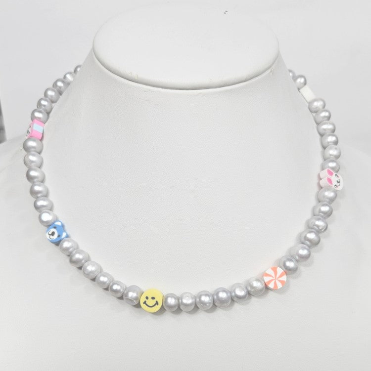 Gray Baroque Freshwater Pearl Necklace with Assorted Smiley Cat Face Beads