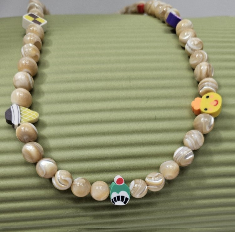 Gray Baroque Freshwater Pearl Necklace with Assorted Smiley Cat Face Beads