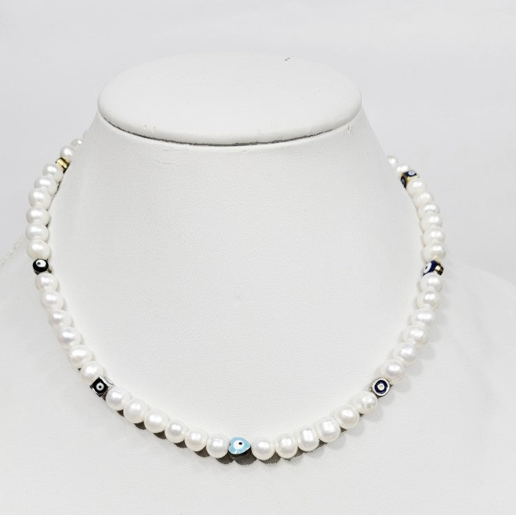 White Side Drill Baroque Pearl and Evil Eye Necklaces