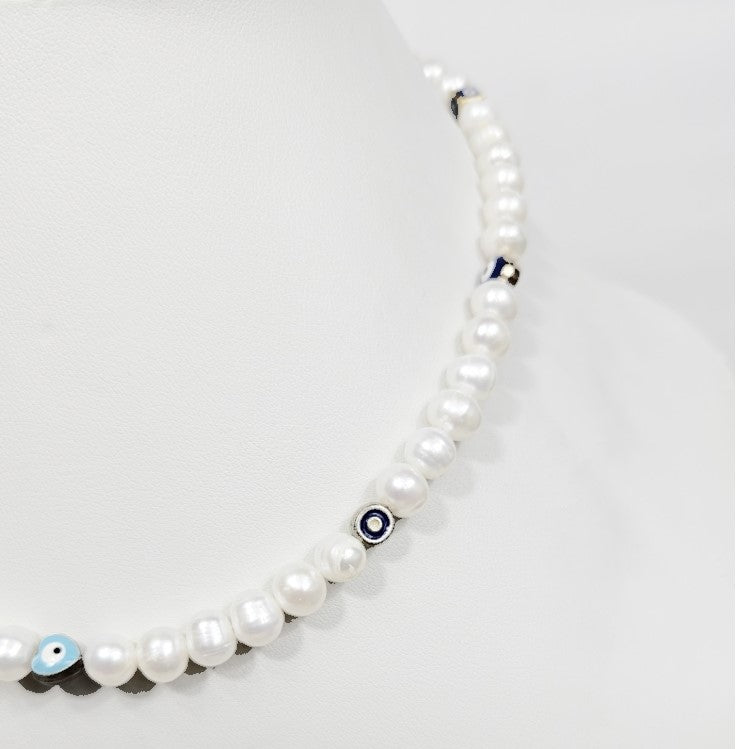 White Side Drill Baroque Pearl and Evil Eye Necklaces