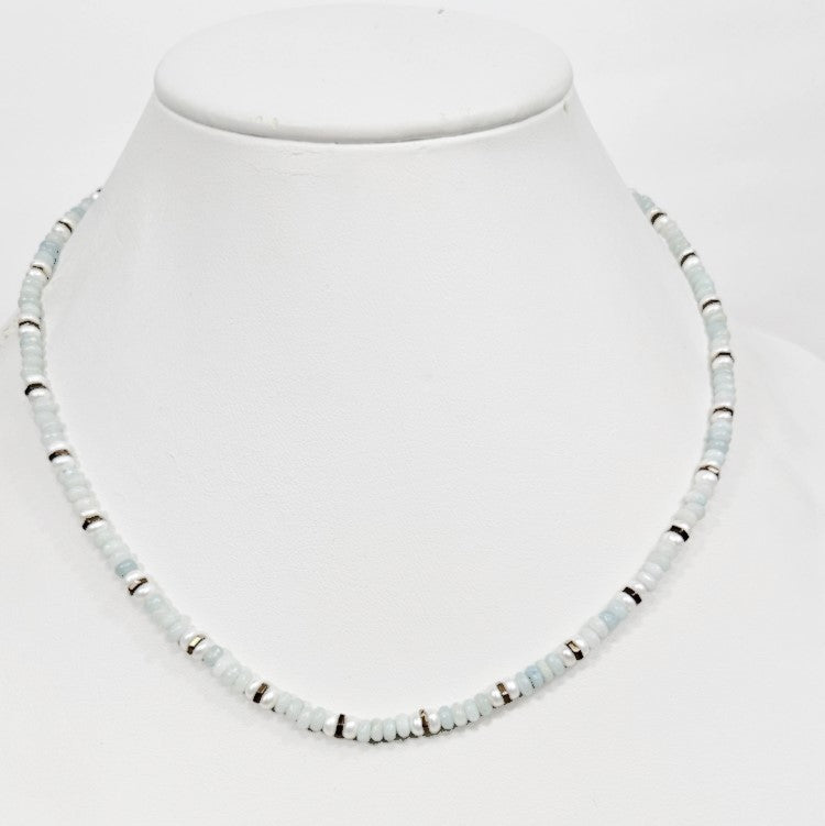 Mini Beaded Necklace with Pearls and Aquamarine Jasper