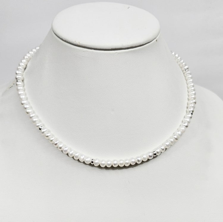 Mini Beaded Necklace with Freshwater Pearls and Stainless Steel Spacer beads