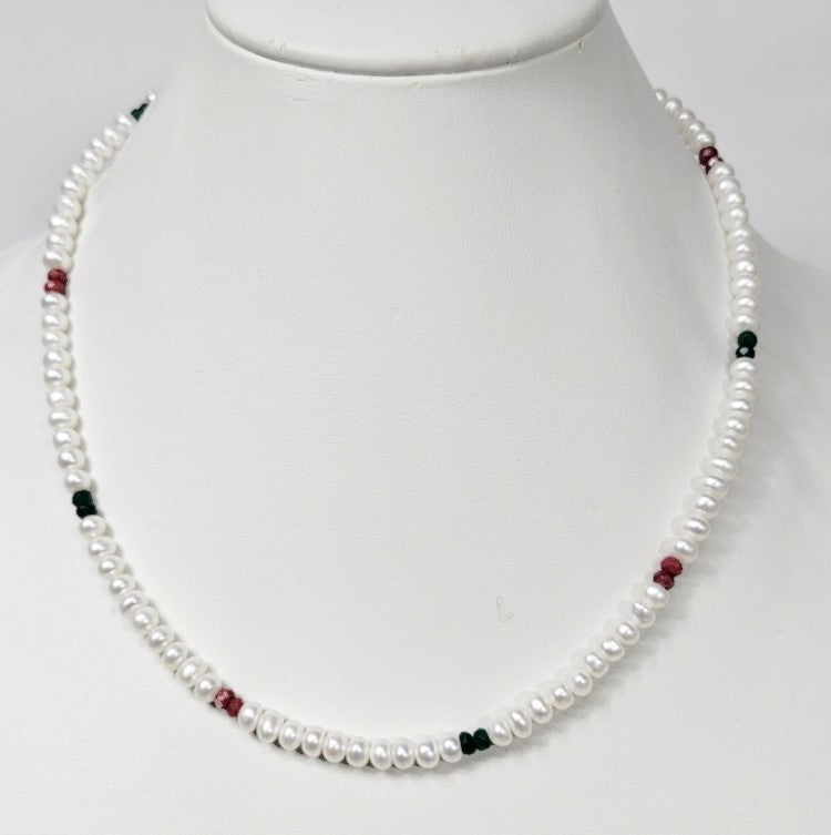 White Button Freshwater Pearl Necklace with Faceted Ruby &amp; Emerald-Coloured Stones