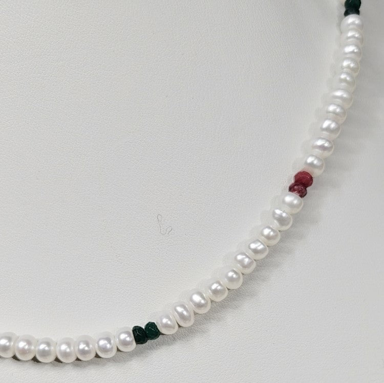 White Button Freshwater Pearl Necklace with Faceted Ruby &amp; Emerald-Coloured Stones