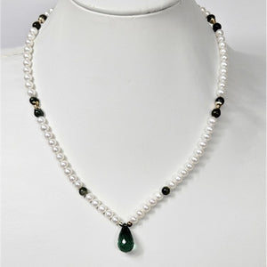 6mm Pearl Necklace with 14K Gold Spacers &amp; Green Briolette Tourmaline Pendant