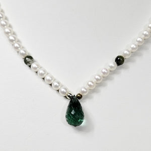 6mm Pearl Necklace with 14K Gold Spacers &amp; Green Briolette Tourmaline Pendant