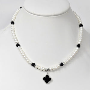 Baroque Freshwater Pearl Necklace with Onyx Clover Pendant