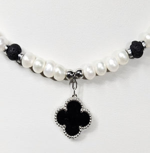 Baroque Freshwater Pearl Necklace with Onyx Clover Pendant