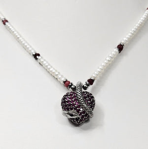 Love &amp; Seduction 4mm Baroque Freshwater Pearl Necklace with Pave Heart &amp; Snake Pendant