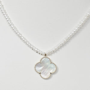 Beaded Necklace with 4mm Button Side-Drilled Freshwater Pearls, &amp; Large Mother Of Pearl Clover Pendant