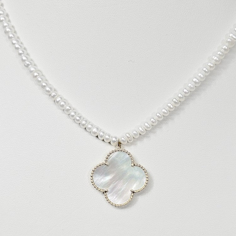 Beaded Necklace with 4mm Button Side-Drilled Freshwater Pearls, &amp; Large Mother Of Pearl Clover Pendant