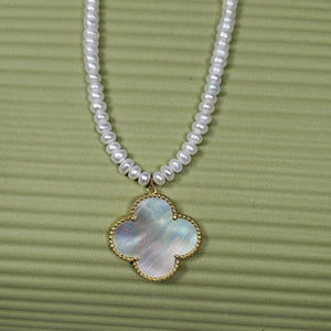 Beaded Necklace with 4mm Button Side-Drilled Freshwater Pearls, &amp; Large Mother Of Pearl Clover Pendant