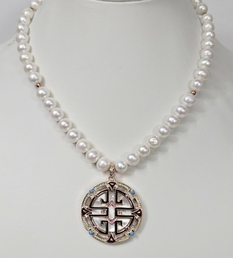 Baroque Freshwater Pearl Necklace with Silver Chinese Longevity Pendant