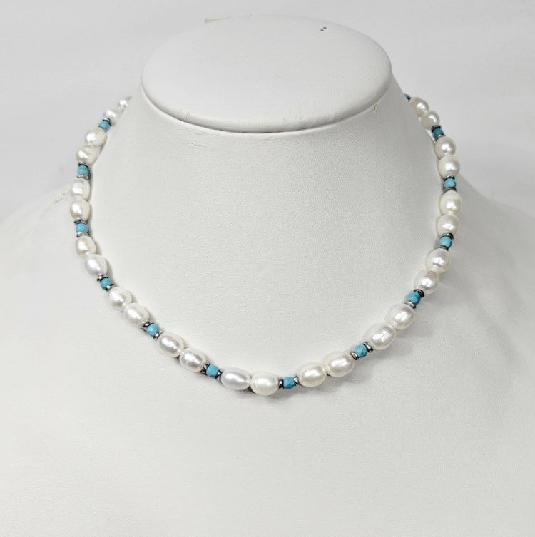 Beaded Necklace with Freashwater Pearls,Turquoise Spacer beads